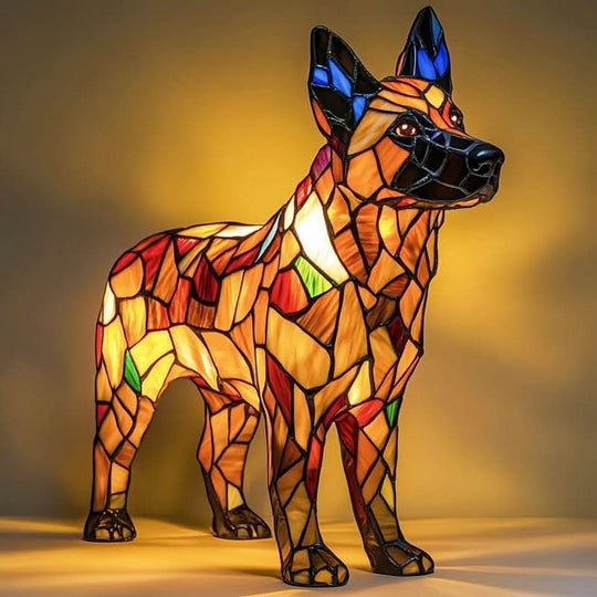 Moktan Sabai Art Deco Stained Glass Dog Table Lamp USB LED German Shepherd 17cm 6.7in USB