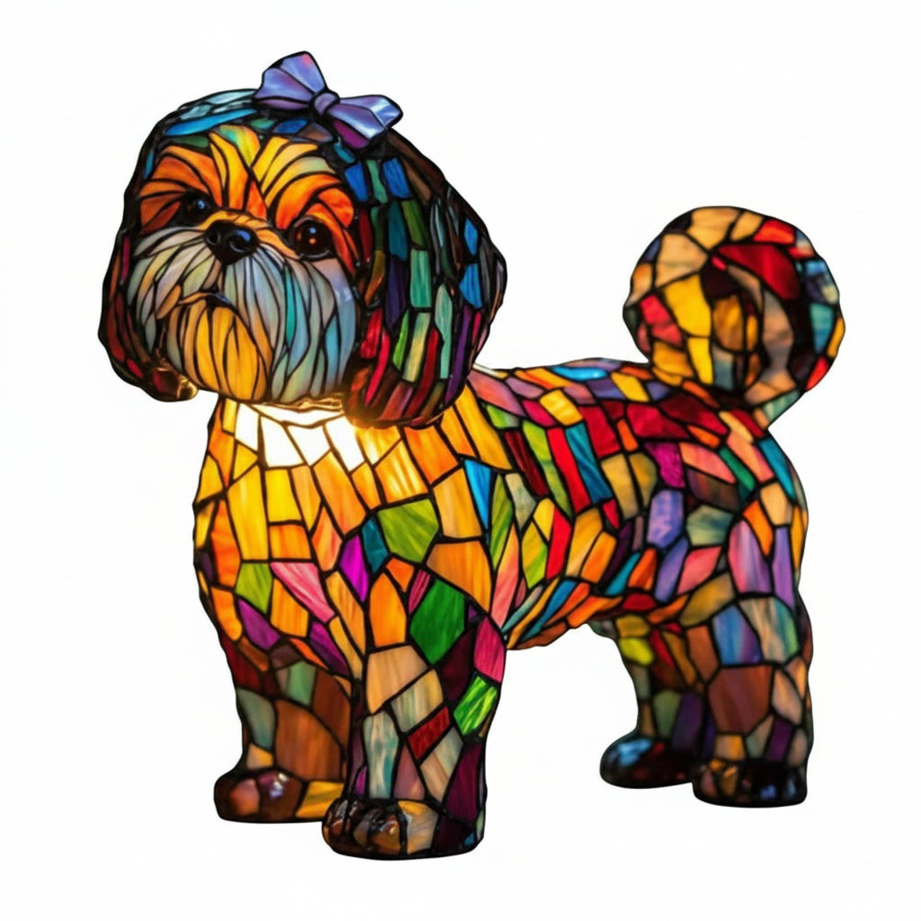 Moktan Sabai Art Deco Stained Glass Dog Table Lamp USB LED