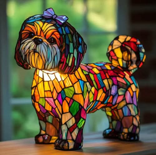 Moktan Sabai Art Deco Stained Glass Dog Table Lamp USB LED