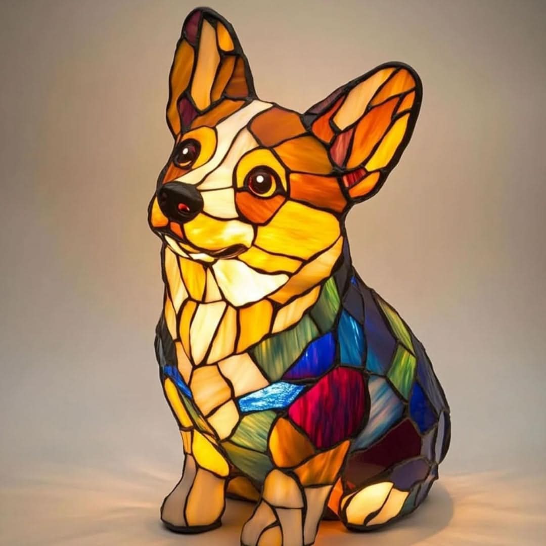 Moktan Sabai Art Deco Stained Glass Dog Table Lamp USB LED