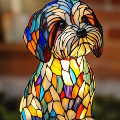 Moktan Sabai Art Deco Stained Glass Dog Table Lamp USB LED
