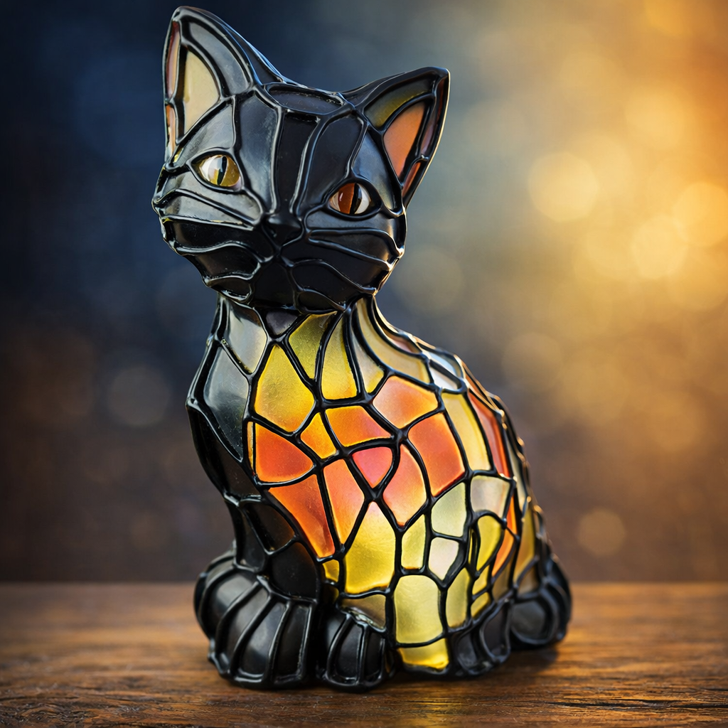 Moktan Sabai Tiffany-Style Black Cat Table Lamp Stained Resin Decorative Light Golden Appearance