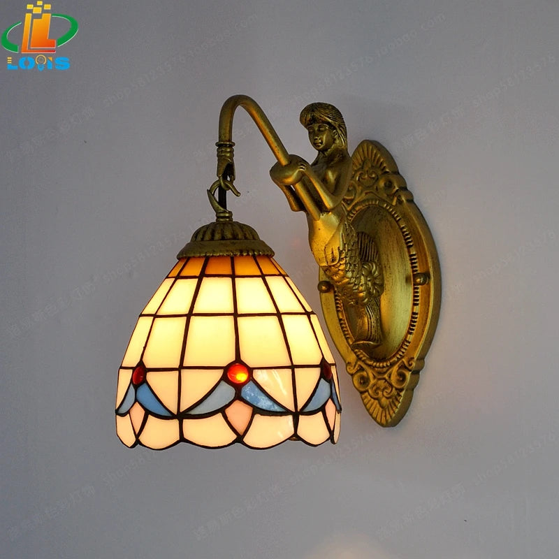 Moktan Sabai 6" Tiffany Style LED Wall Lamp Mermaid Glass Bedroom Living Room Vanity Light