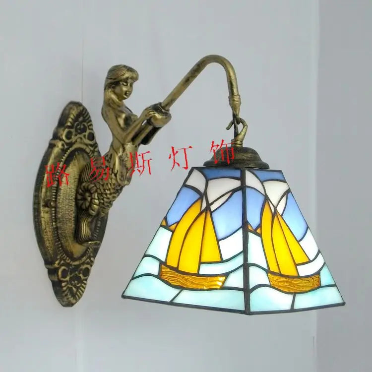 Moktan Sabai 6" Tiffany Style LED Wall Lamp Mermaid Glass Bedroom Living Room Vanity Light