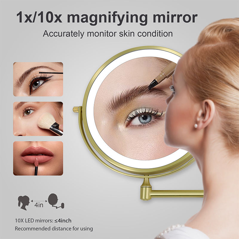 Moktan Sabai Rechargeable LED Makeup Mirror 10X Magnifying Wall Mount Gold