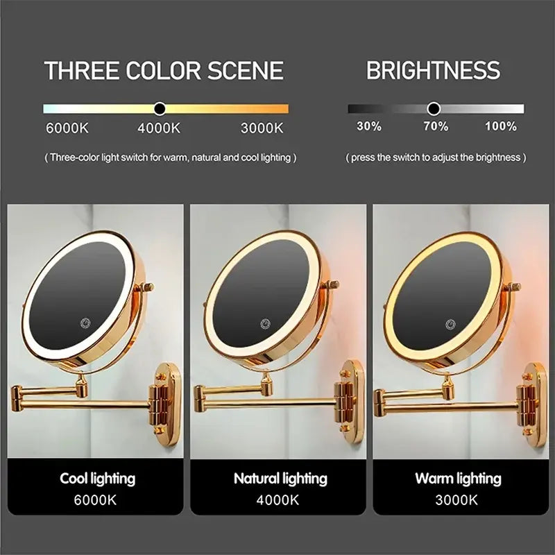 Moktan Sabai Rechargeable LED Makeup Mirror 10X Magnifying Wall Mount Gold