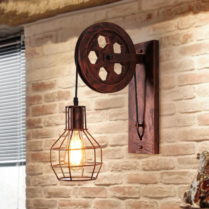 Moktan Sabai Vintage Industrial Pulley Wall Sconce LED Bedroom Mirror Retro Wall Light A Rust color