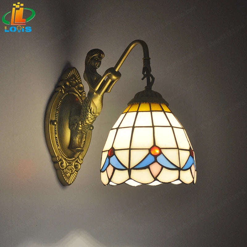 Moktan Sabai 6" Tiffany Style LED Wall Lamp Mermaid Glass Bedroom Living Room Vanity Light A