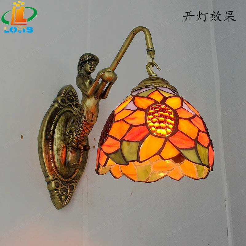 Moktan Sabai 6" Tiffany Style LED Wall Lamp Mermaid Glass Bedroom Living Room Vanity Light F