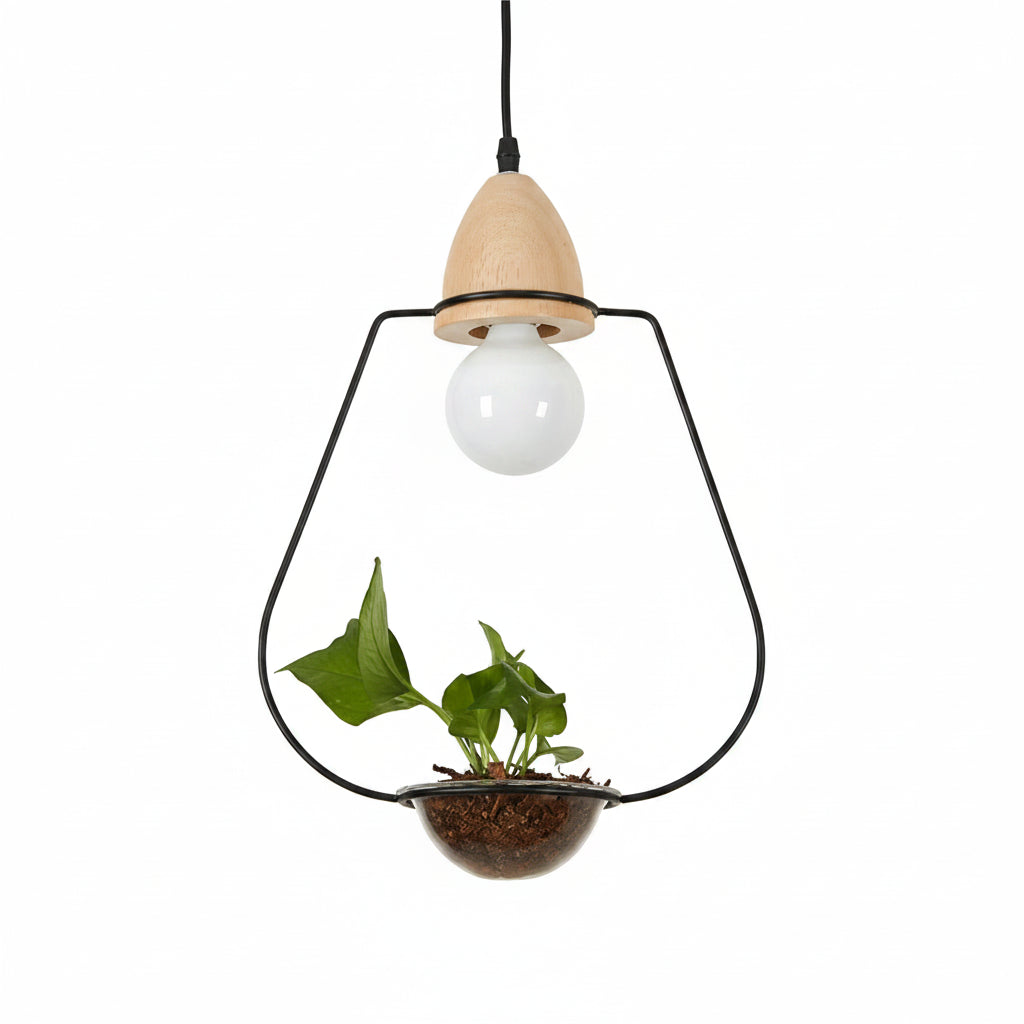 Moktan Sabai Art Deco LED Plant Pendant Light Wood Base Rustic Hanging Lamp for Dining Cafe Bar A BLACK