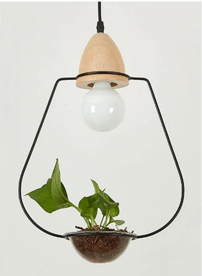 Moktan Sabai Art Deco LED Plant Pendant Light Wood Base Rustic Hanging Lamp for Dining Cafe Bar A BLACK