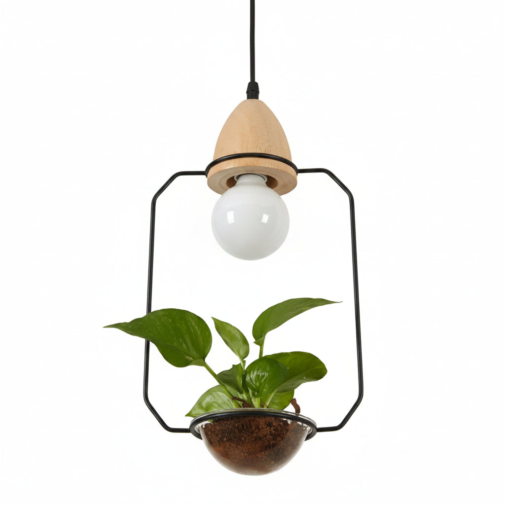 Moktan Sabai Art Deco LED Plant Pendant Light Wood Base Rustic Hanging Lamp for Dining Cafe Bar B BLACK
