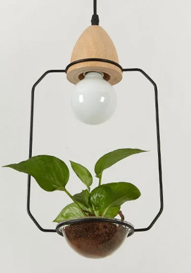 Moktan Sabai Art Deco LED Plant Pendant Light Wood Base Rustic Hanging Lamp for Dining Cafe Bar B BLACK
