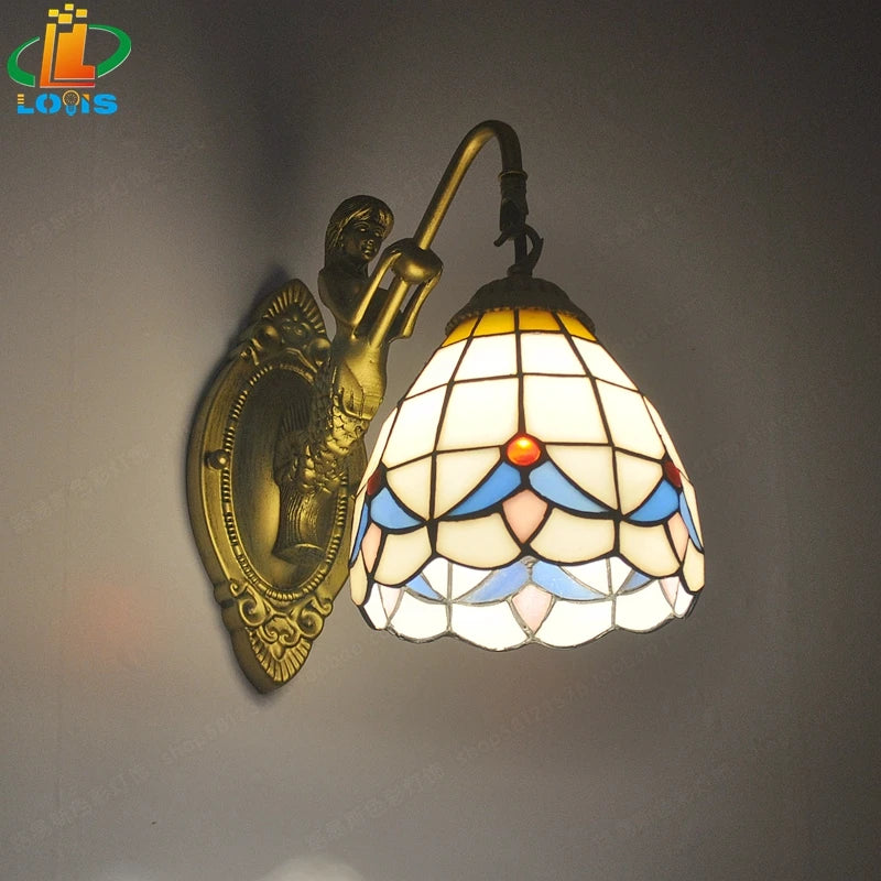 Moktan Sabai 6" Tiffany Style LED Wall Lamp Mermaid Glass Bedroom Living Room Vanity Light