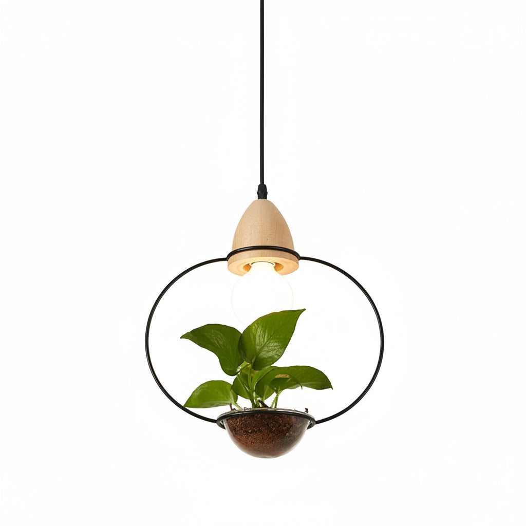 Moktan Sabai Art Deco LED Plant Pendant Light Wood Base Rustic Hanging Lamp for Dining Cafe Bar C BLACK