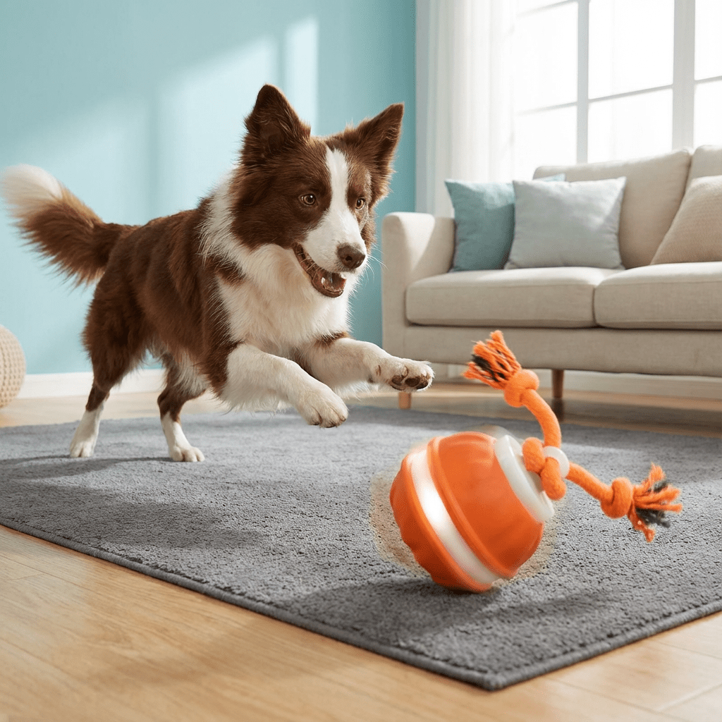 Moktan Sabai Interactive Dog Toy Motion Sensor Ball with Tug Rope Active Play Toy Orange