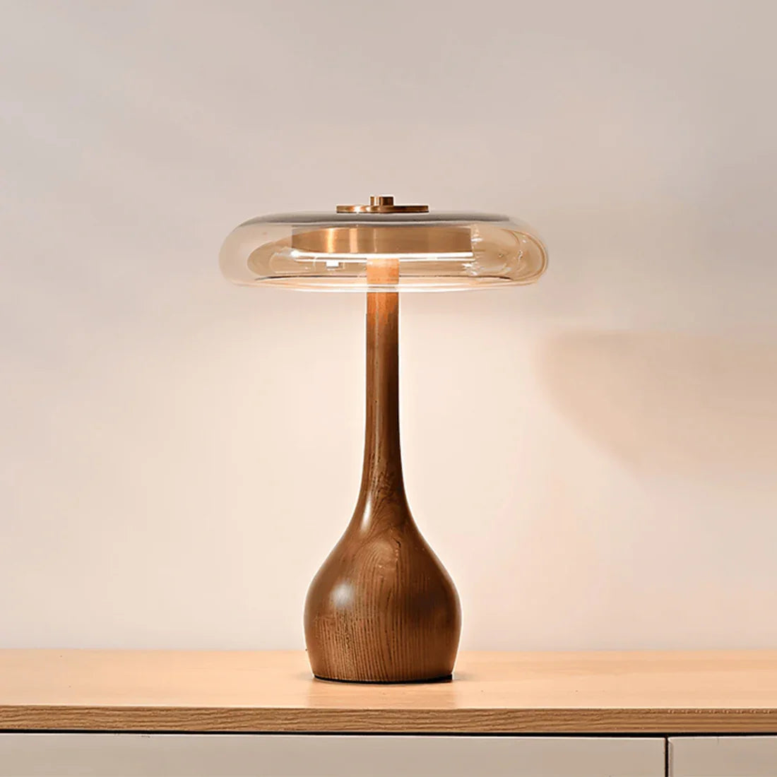 Moktan Sabai Mid Century Wood Glass Table Lamp LED Dimmable Walnut Disc Light ∅ 8.7" x H 12.6" Walnut color & Amber