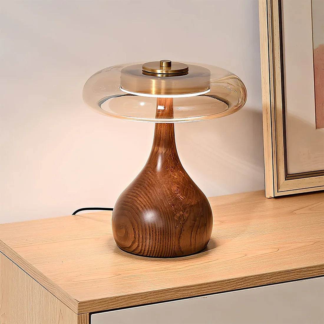 Moktan Sabai Mid Century Wood Glass Table Lamp LED Dimmable Walnut Disc Light ∅ 8.7" x H 9.8" Walnut color & Amber