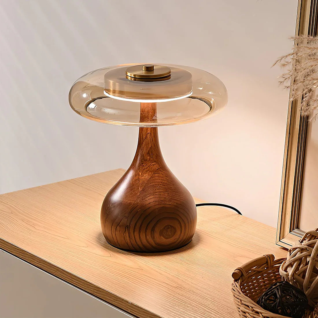 Moktan Sabai Mid Century Wood Glass Table Lamp LED Dimmable Walnut Disc Light