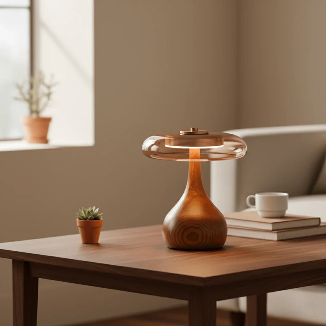 Moktan Sabai Mid Century Wood Glass Table Lamp LED Dimmable Walnut Disc Light