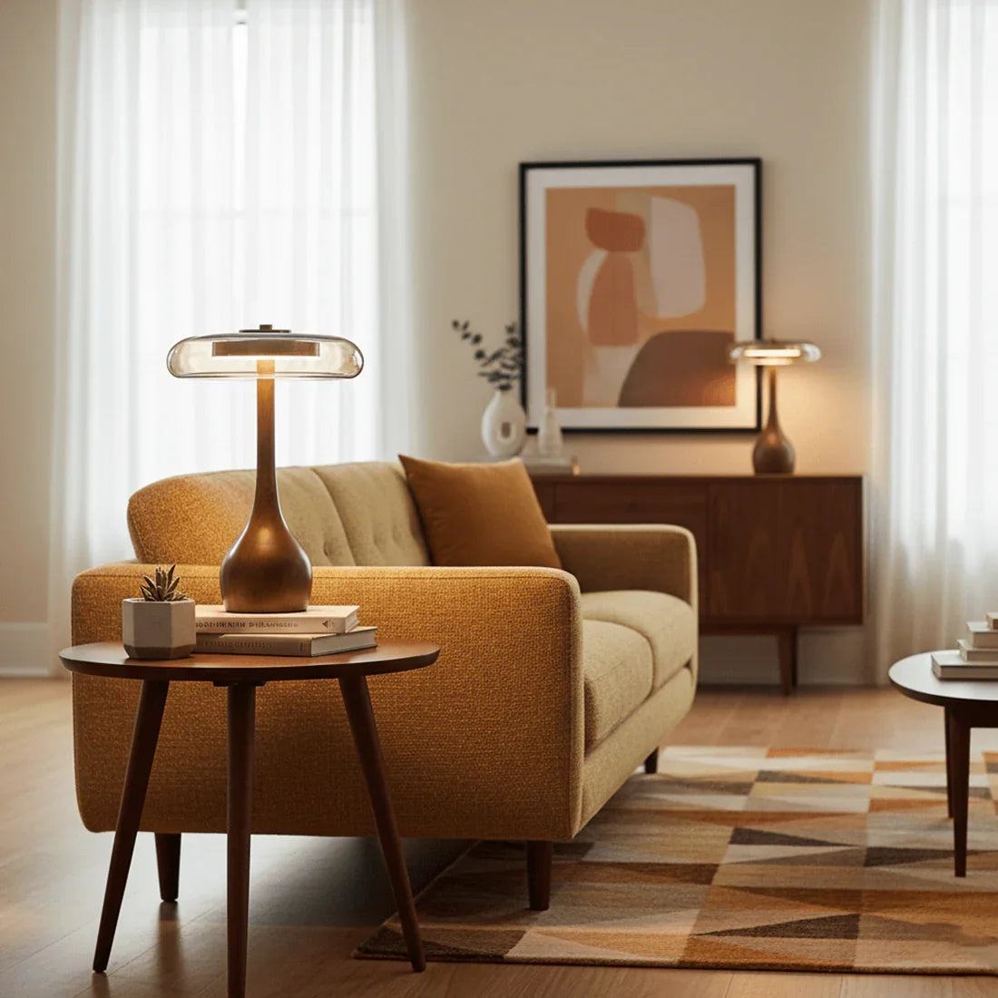 Moktan Sabai Mid Century Wood Glass Table Lamp LED Dimmable Walnut Disc Light