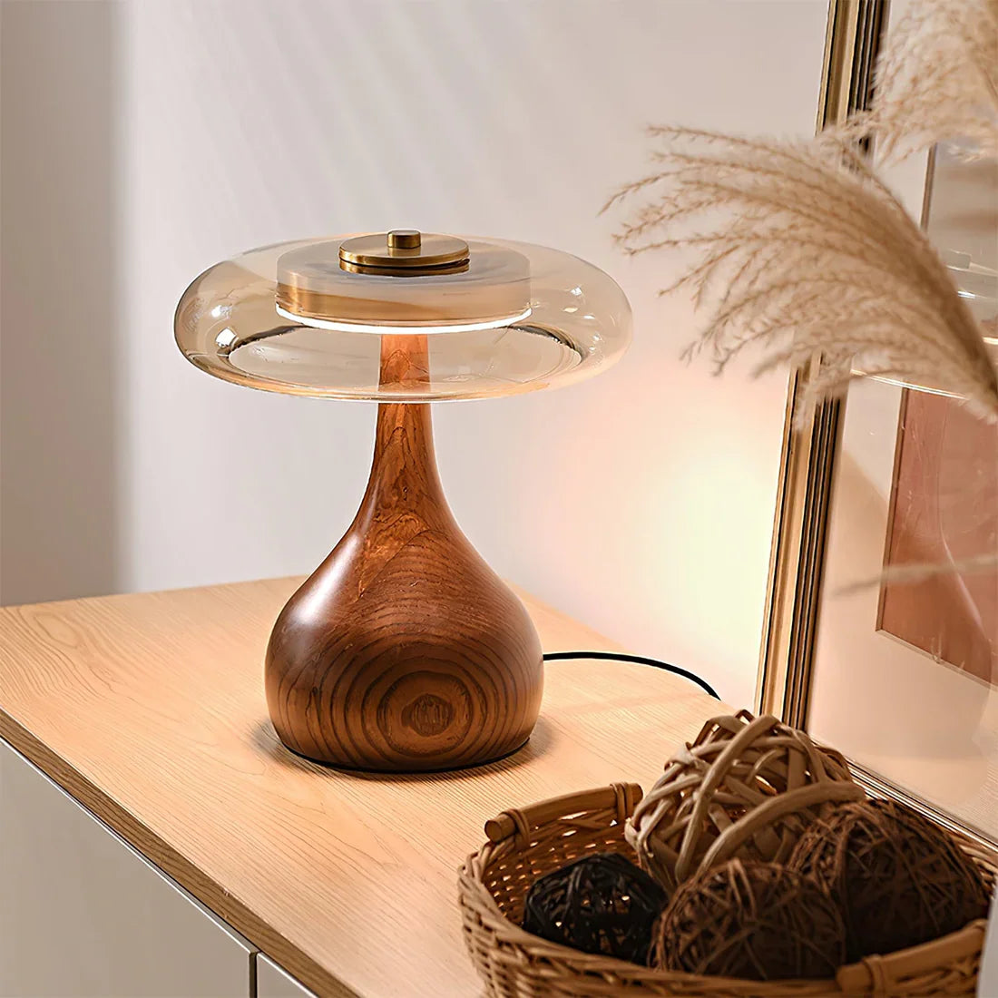 Moktan Sabai Mid Century Wood Glass Table Lamp LED Dimmable Walnut Disc Light