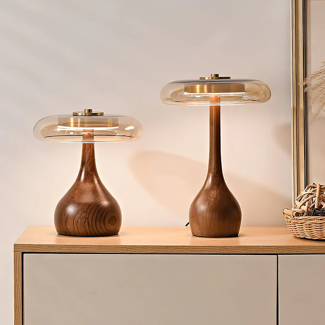 Moktan Sabai Mid Century Wood Glass Table Lamp LED Dimmable Walnut Disc Light