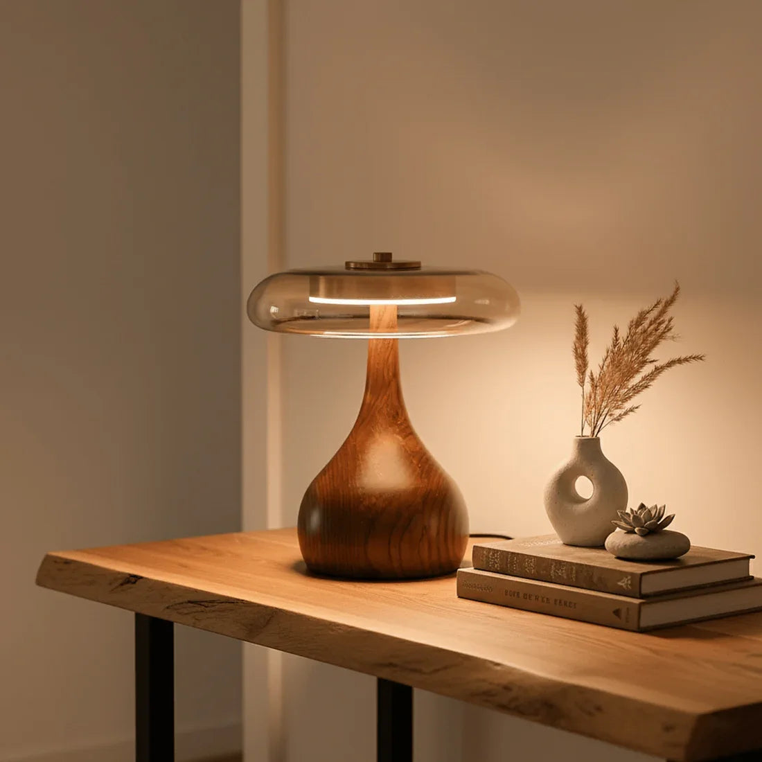 Moktan Sabai Mid Century Wood Glass Table Lamp LED Dimmable Walnut Disc Light