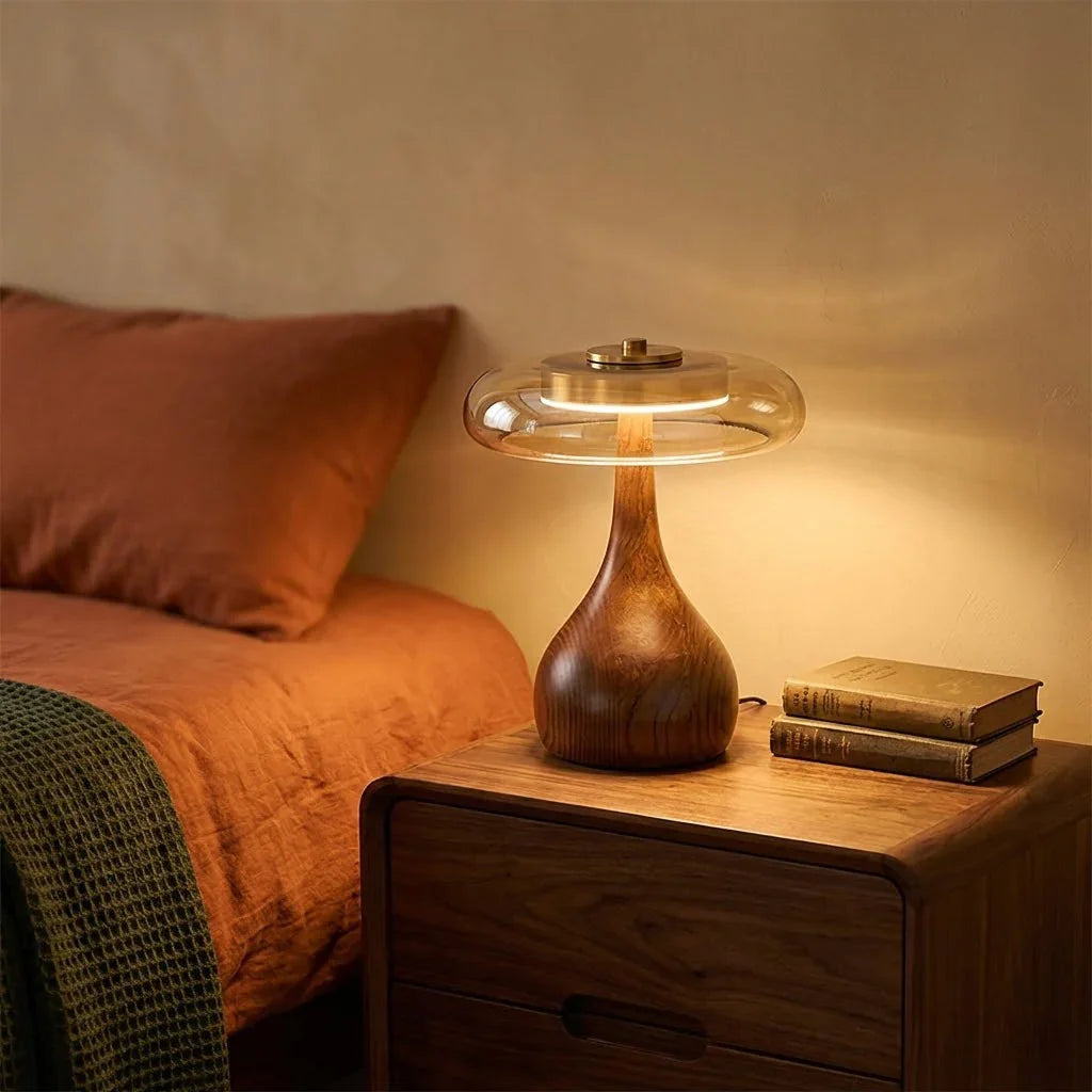 Moktan Sabai Mid Century Wood Glass Table Lamp LED Dimmable Walnut Disc Light