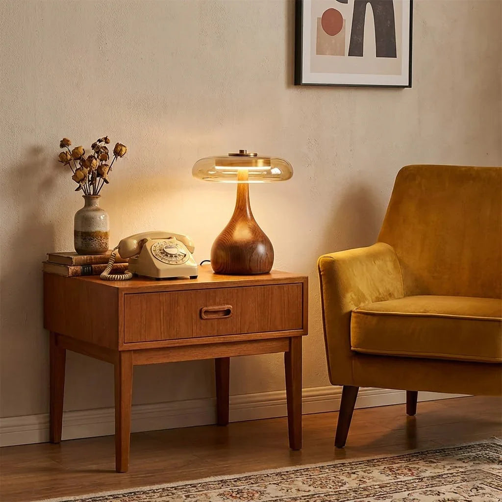 Moktan Sabai Mid Century Wood Glass Table Lamp LED Dimmable Walnut Disc Light