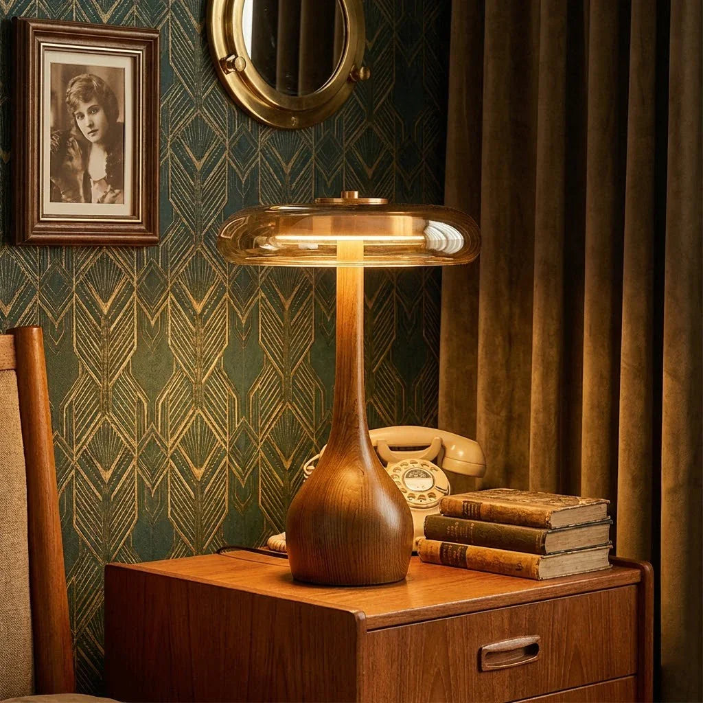 Moktan Sabai Mid Century Wood Glass Table Lamp LED Dimmable Walnut Disc Light