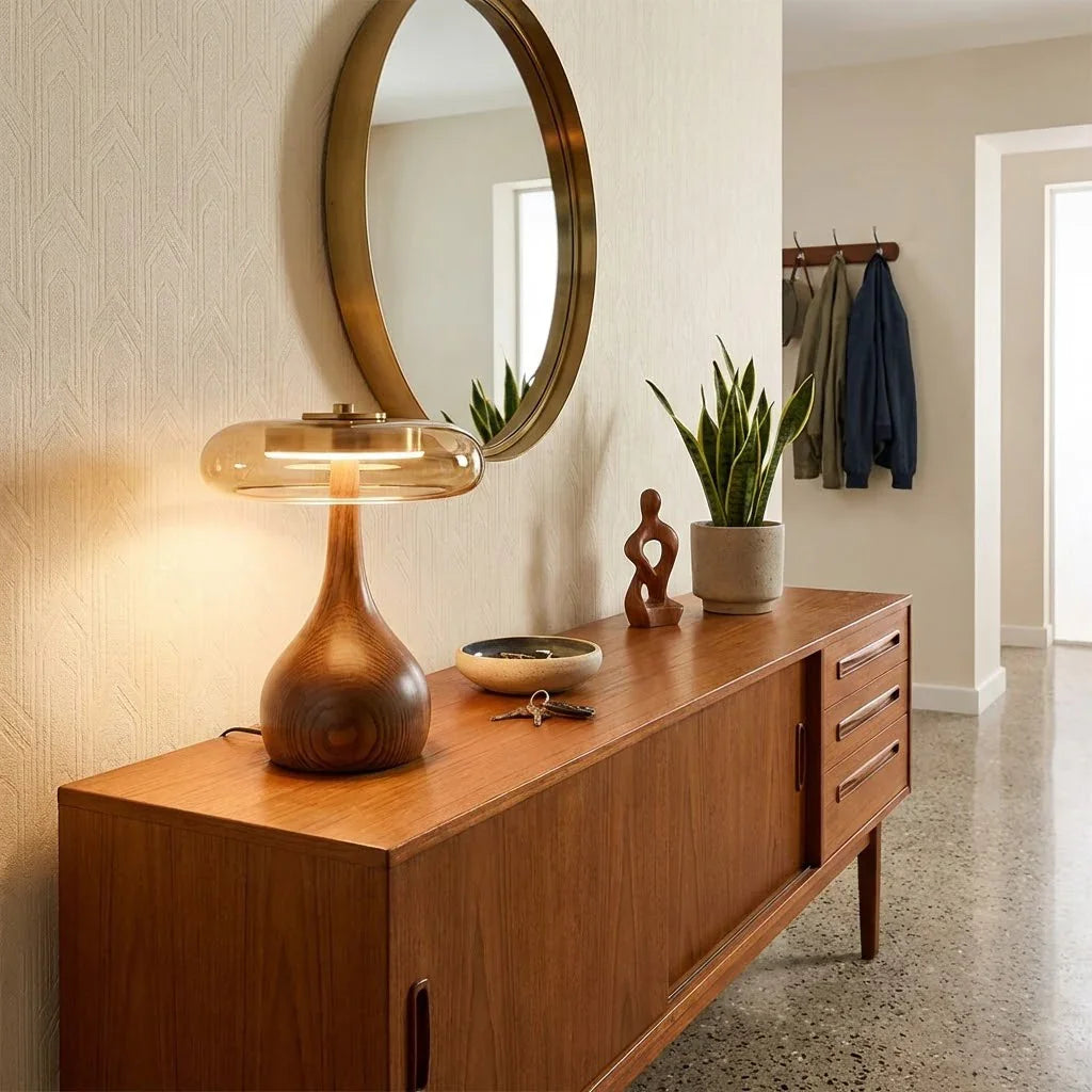 Moktan Sabai Mid Century Wood Glass Table Lamp LED Dimmable Walnut Disc Light