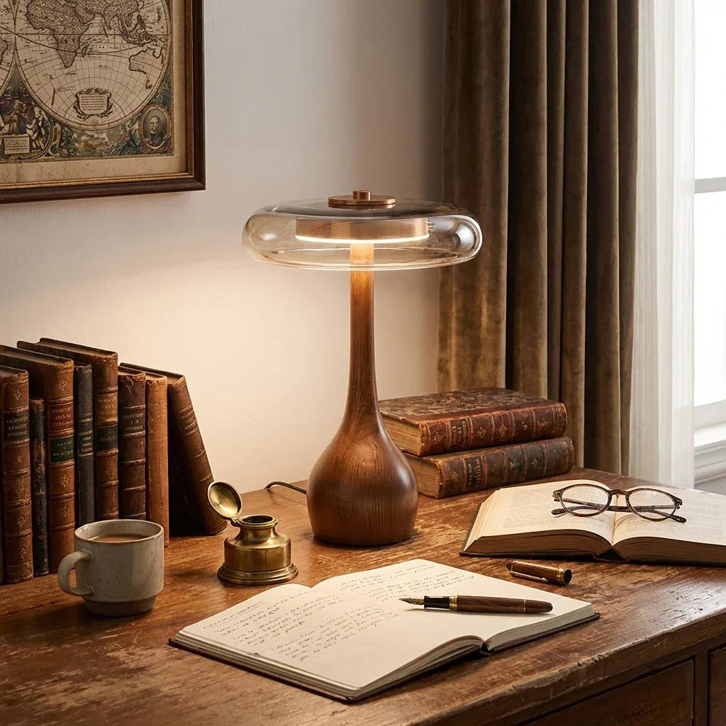 Moktan Sabai Mid Century Wood Glass Table Lamp LED Dimmable Walnut Disc Light