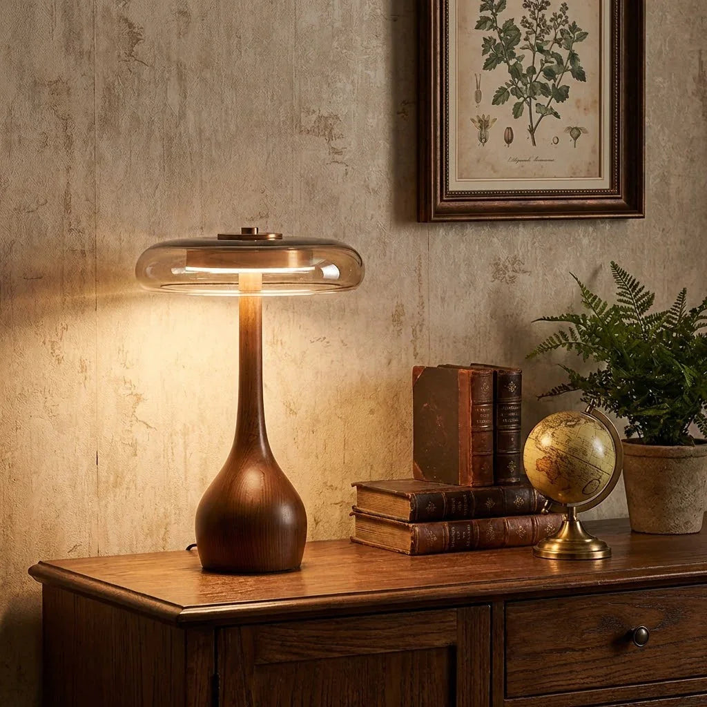 Moktan Sabai Mid Century Wood Glass Table Lamp LED Dimmable Walnut Disc Light