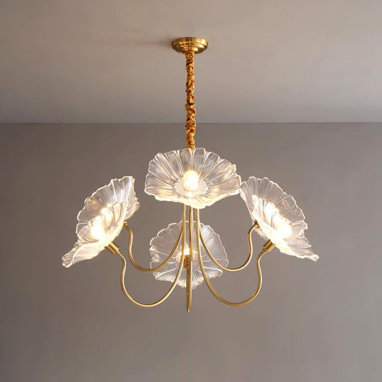 Moktan Sabai Murano Glass Flowers Chandelier Frosted Leaf Ceiling Light 6 Heads Dia 90cm x H 55cm ∅ 35.4″ x H 21.7″ Gold & Clear