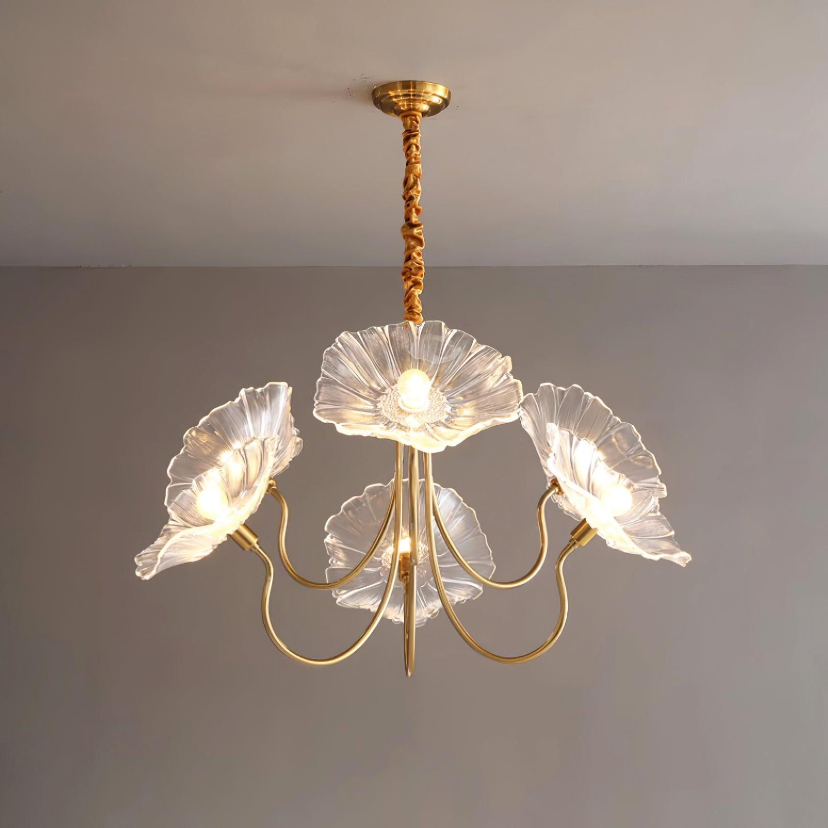 Moktan Sabai Murano Glass Flowers Chandelier – Frosted Leaf Design Modern Ceiling Light Gold & Clear 6 Heads Dia 90cm x H 55cm ∅ 35.4″ x H 21.7″