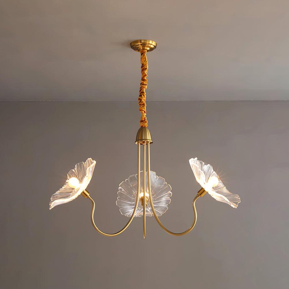 Moktan Sabai Murano Glass Flowers Chandelier – Frosted Leaf Design Modern Ceiling Light Gold & Clear 3 Heads Dia 90cm x H 55cm ∅ 35.4″ x H 21.7″