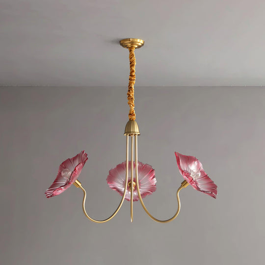 Moktan Sabai Murano Glass Flowers Chandelier Frosted Leaf Ceiling Light 3 Heads Dia 90cm x H 55cm ∅ 35.4″ x H 21.7″ Gold and pink