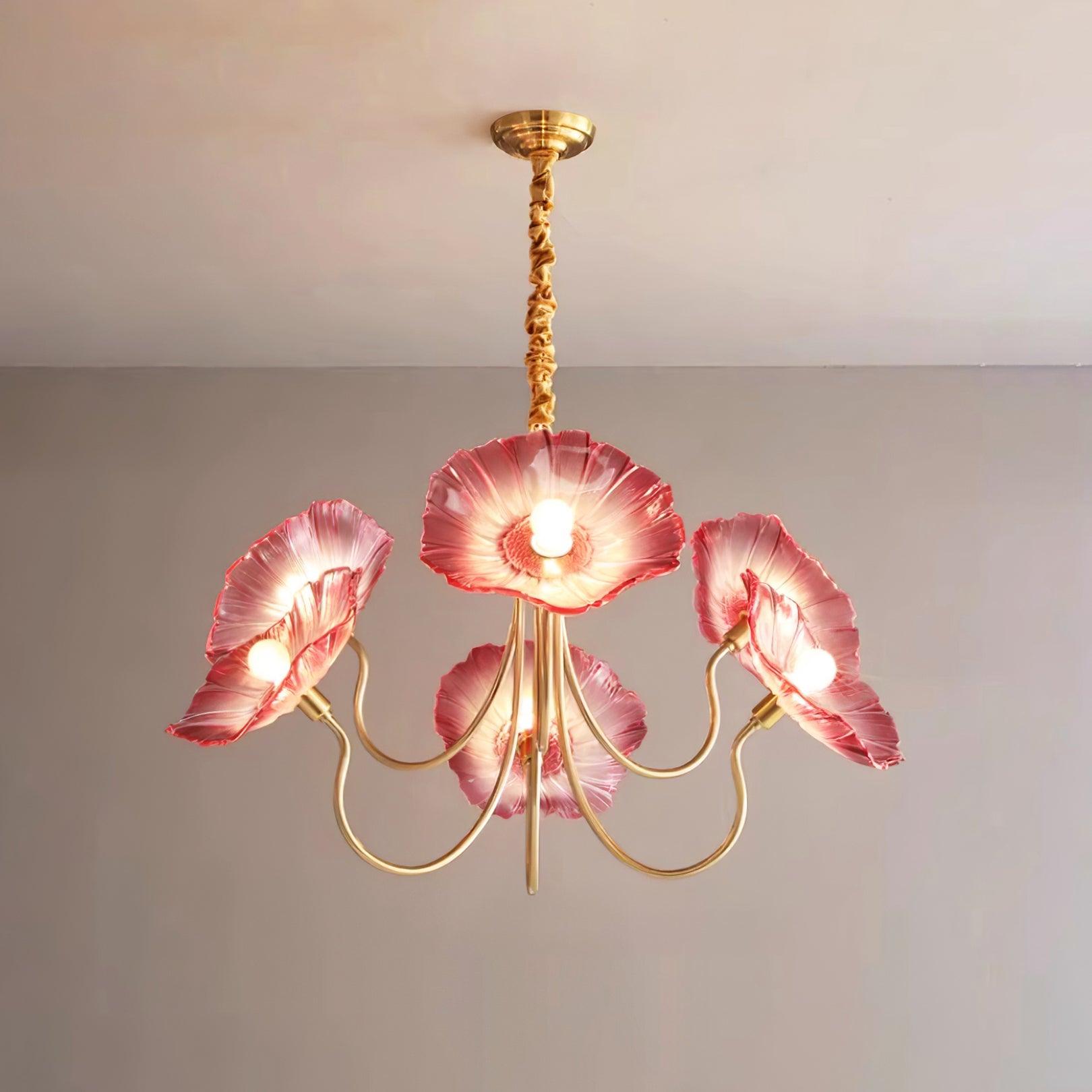 Moktan Sabai Murano Glass Flowers Chandelier – Frosted Leaf Design Modern Ceiling Light Gold and pink 6 Heads Dia 90cm x H 55cm ∅ 35.4″ x H 21.7″