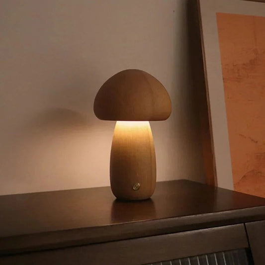 Mushroom Bedside Lamp – Touch-Controlled Dimmable Beech Wood Nightstand Light 0