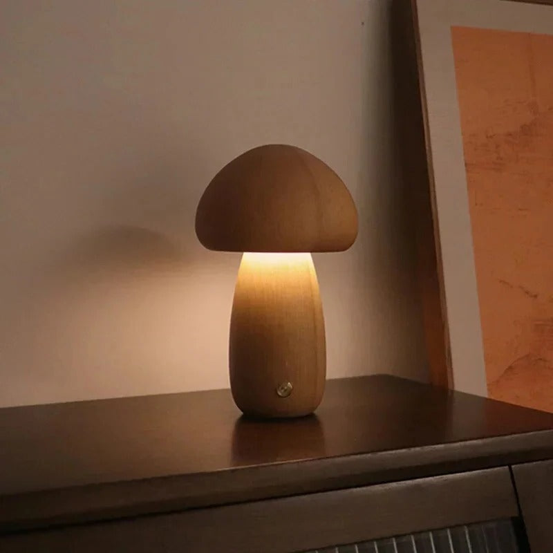Moktan Sabai Mushroom Bedside Lamp – Touch-Controlled Dimmable Beech Wood Nightstand Light Wood A