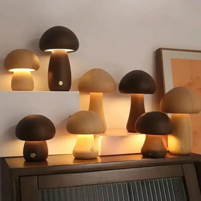 Moktan Sabai Mushroom Bedside Lamp – Touch-Controlled Dimmable Beech Wood Nightstand Light