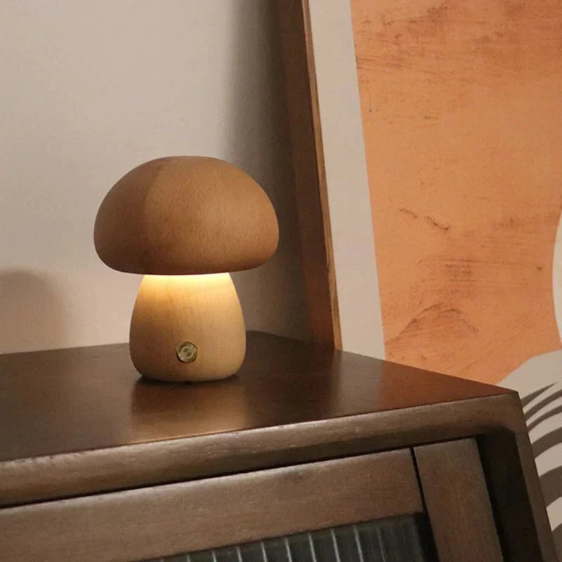 Moktan Sabai Mushroom Bedside Lamp – Touch-Controlled Dimmable Beech Wood Nightstand Light Wood B
