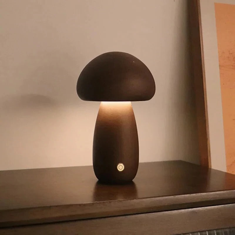 Moktan Sabai Mushroom Bedside Lamp – Touch-Controlled Dimmable Beech Wood Nightstand Light Walnut A