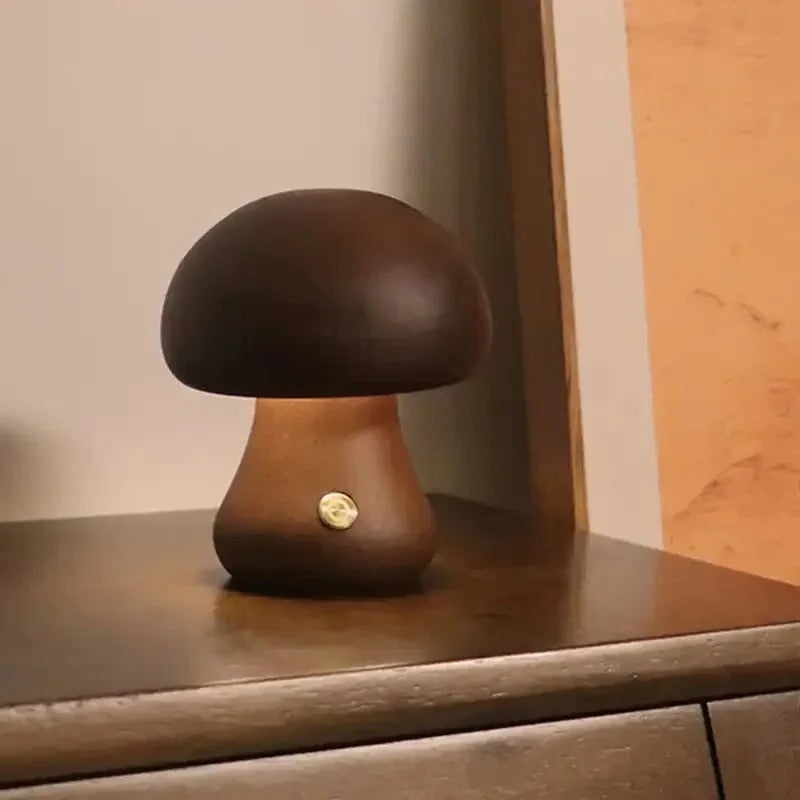 Moktan Sabai Mushroom Bedside Lamp – Touch-Controlled Dimmable Beech Wood Nightstand Light Walnut B