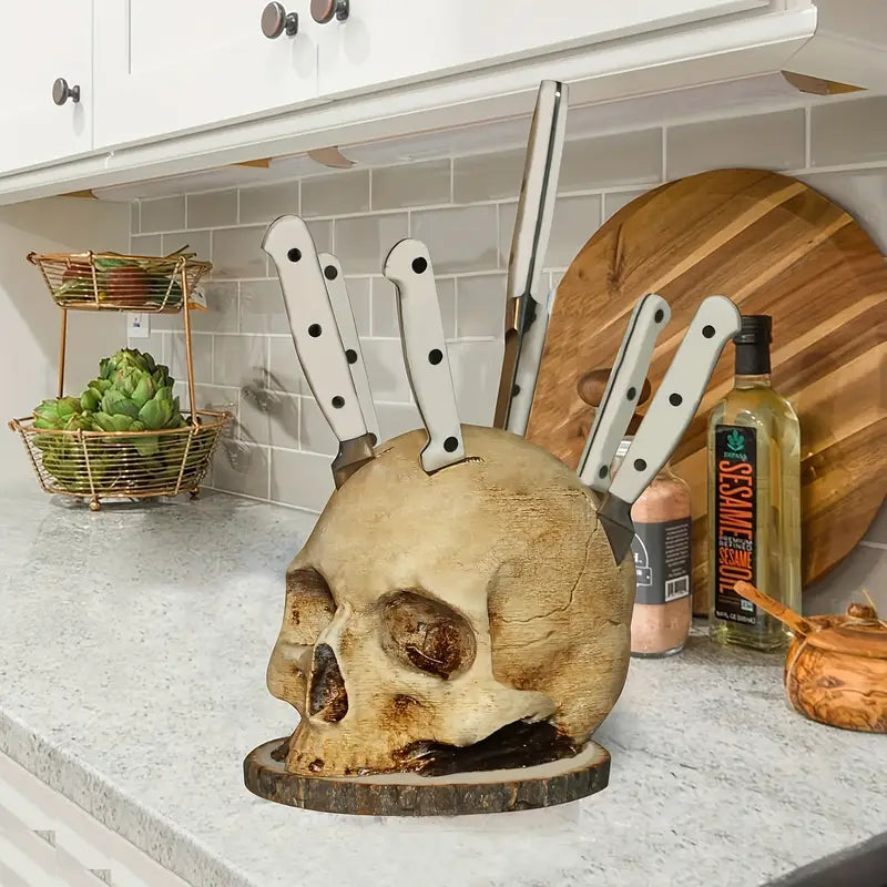 Moktan Sabai Gothic Skull Knife Holder Resin Kitchen Knife Block Storage 7 Slot