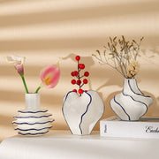 Moktan Sabai Ceramic Flower Vase | Modern Blue Outline Decor Vase