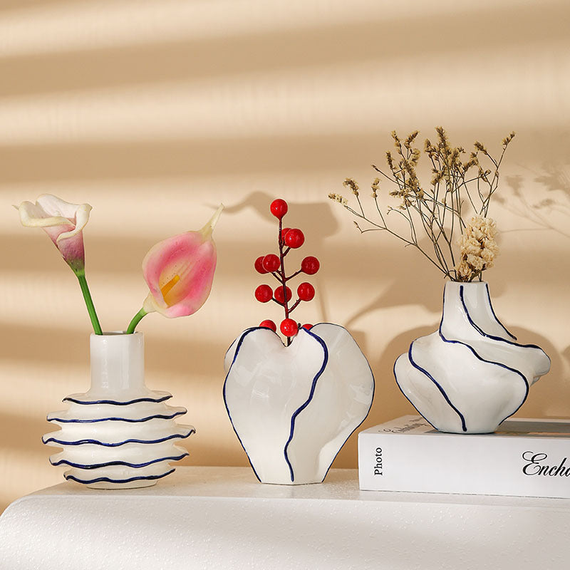 Moktan Sabai Ceramic Flower Vase | Modern Blue Outline Decor Vase