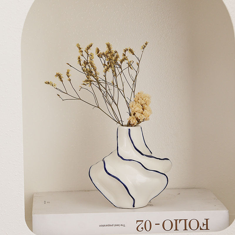 Moktan Sabai Ceramic Flower Vase | Modern Blue Outline Decor Vase Twirl