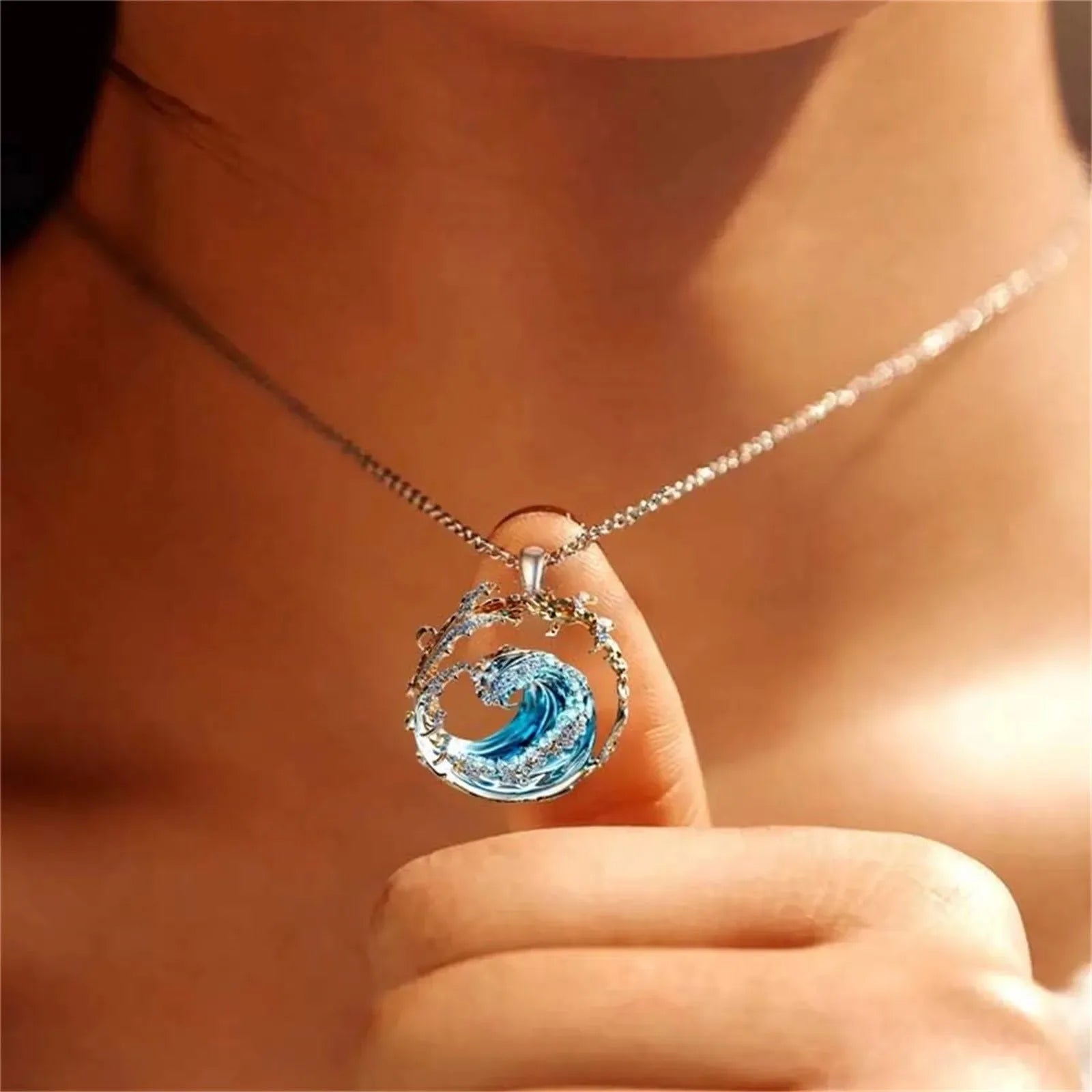 Moktan Sabai Ocean Wave Pendant Necklace for Women Stainless Steel Sea Jewelry Gift